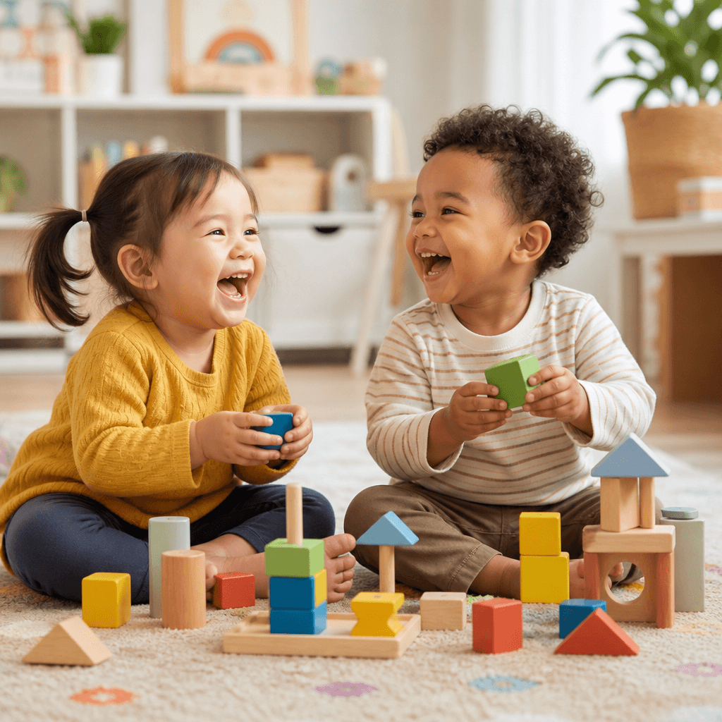 Happy toddlers playing with colorful blocks and toys